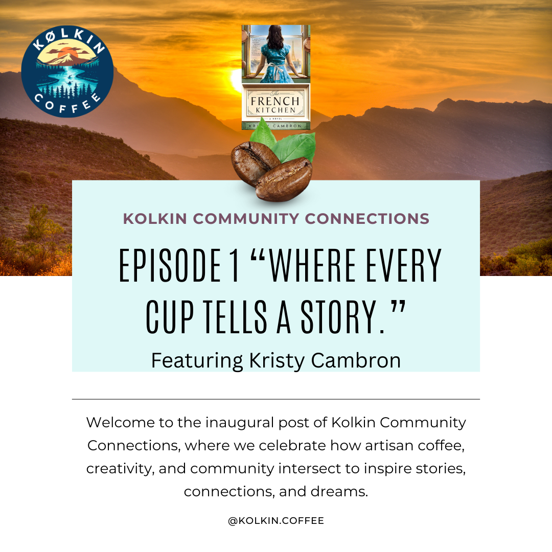 “Kristy Cambron writing at Kolkin Coffee in Jeffersonville, Indiana, surrounded by artisan coffee and cozy community space.”